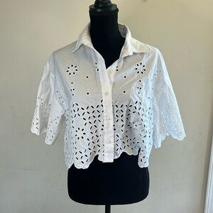 Cropped White Eyelet Button Down Top